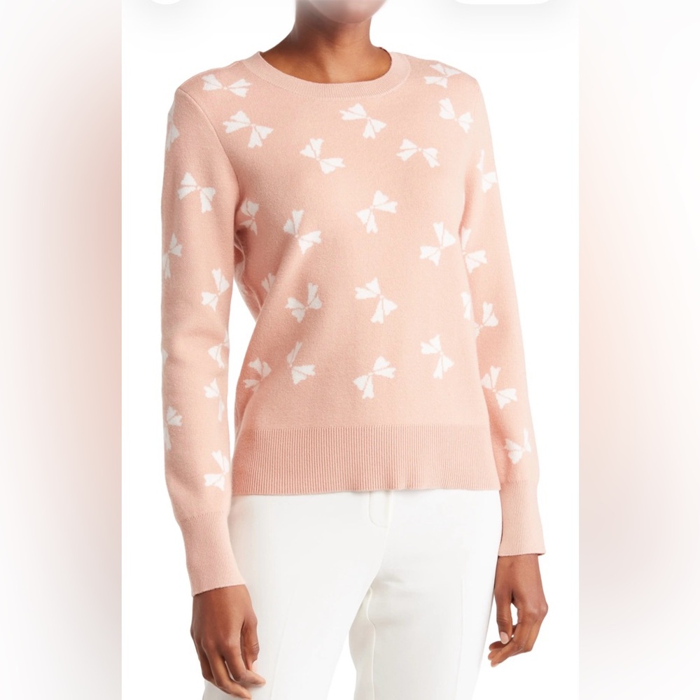 CeCe Bow Entarsia Women's Pink Sweater with White Bow Pattern Size XS Like New 🎀